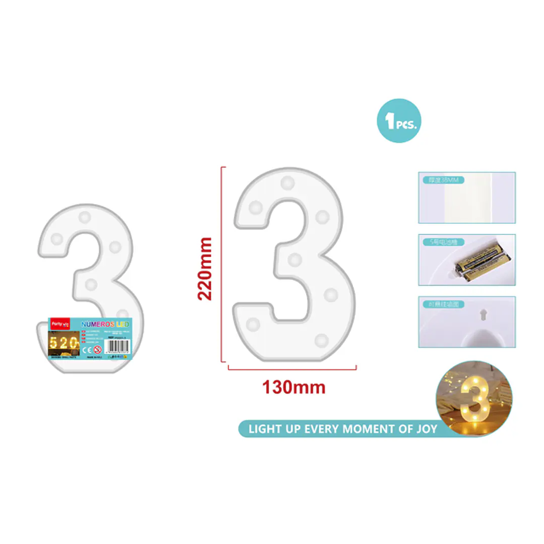 Luz Led Numero 3 22Cm 1