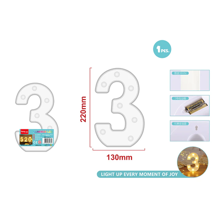 Luz Led Numero 3 22Cm 1