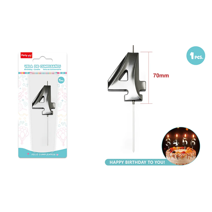 Vela De Numero Plateado 4 7Cm 1