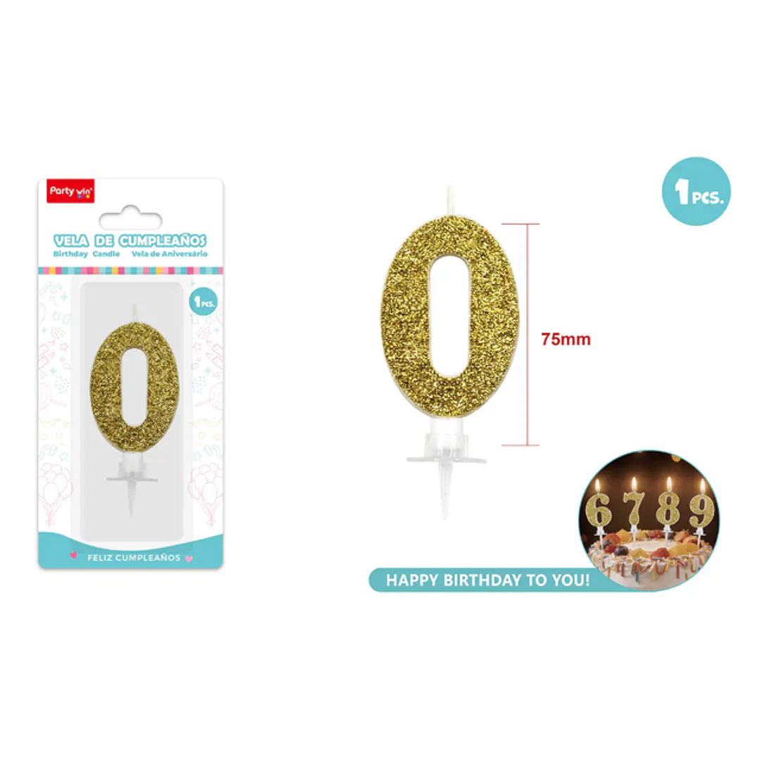 Vela Numero 0 Dorado Glitter 7.5Cm 1