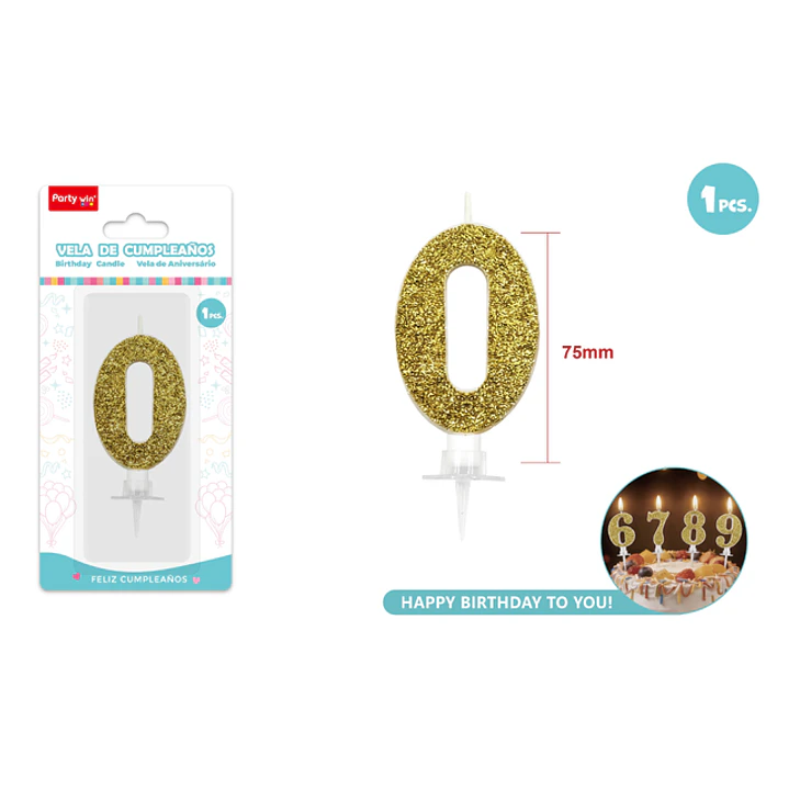 Vela Numero 0 Dorado Glitter 7.5Cm 1