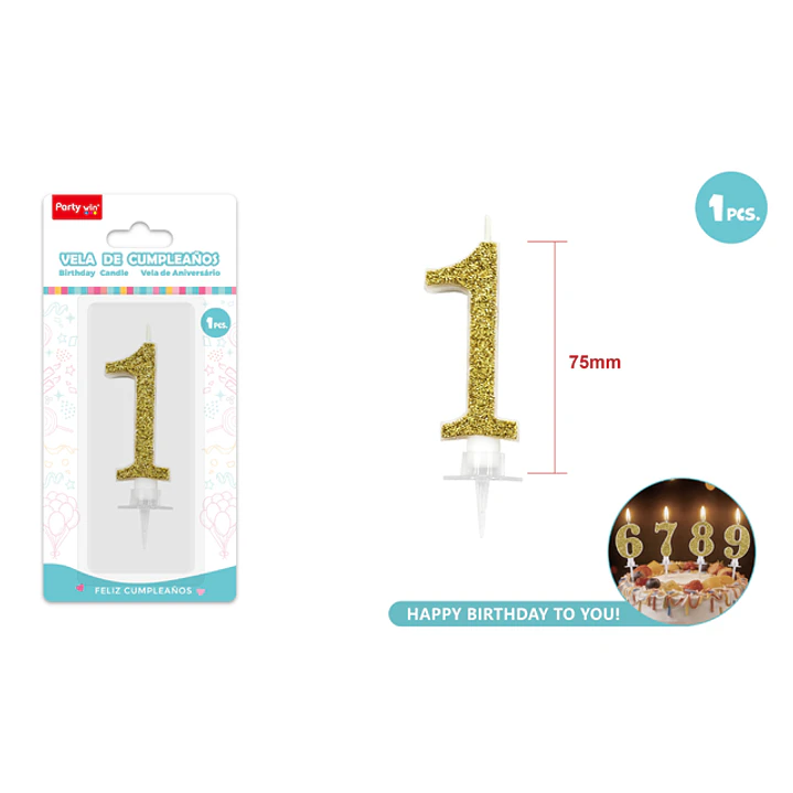 Vela Numero 1 Dorado Glitter 7.5Cm 1