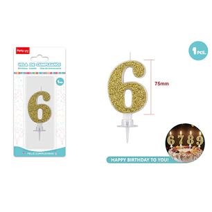Vela Numero 6 Dorado Glitter 7.5Cm