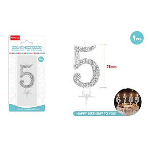 Vela Numero 5 Plateado Glitter 7.5Cm