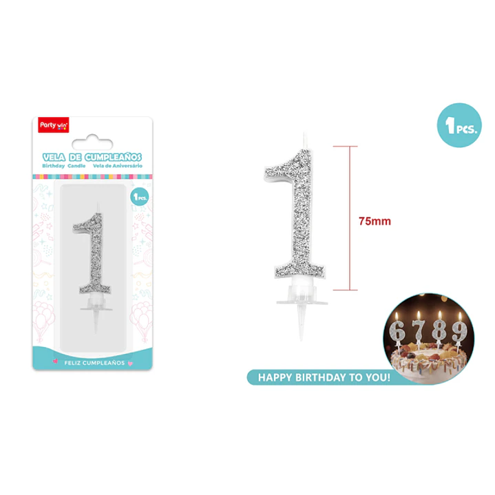 Vela Numero 1 Plateado Glitter 7.5Cm 1