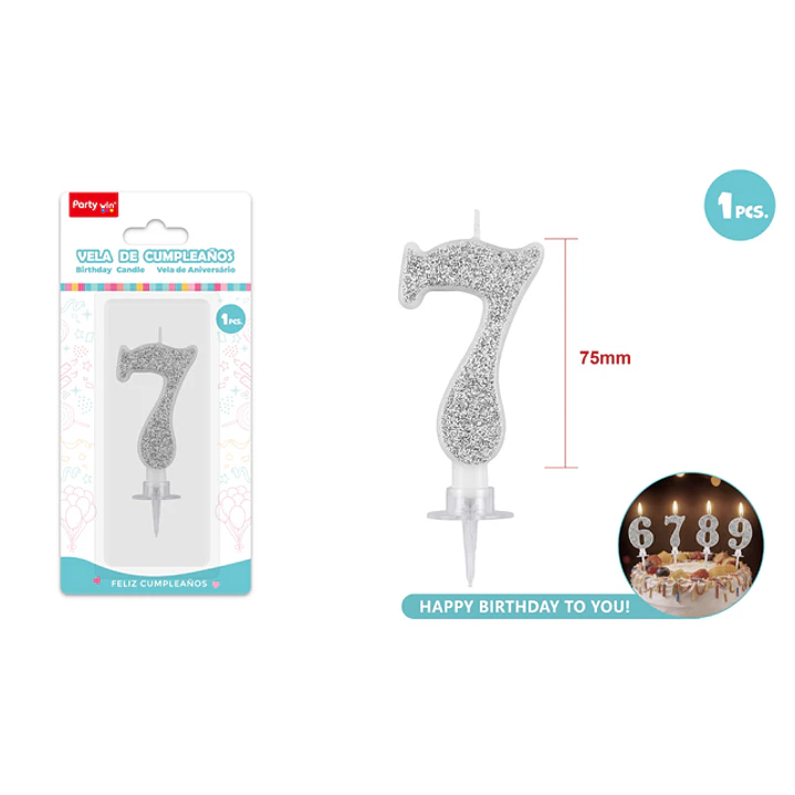 Vela Numero 7 Plateado Glitter 7.5Cm 1