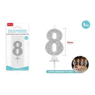 Vela Numero 8 Plateado Glitter 7.5Cm