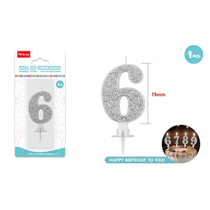 Vela Numero 6 Plateado Glitter 7.5Cm