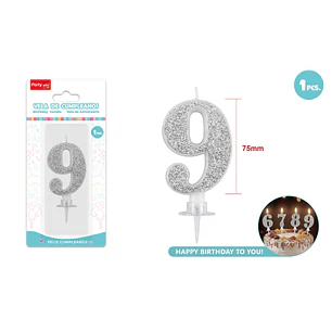 Vela Numero 9 Plateado Glitter 7.5Cm