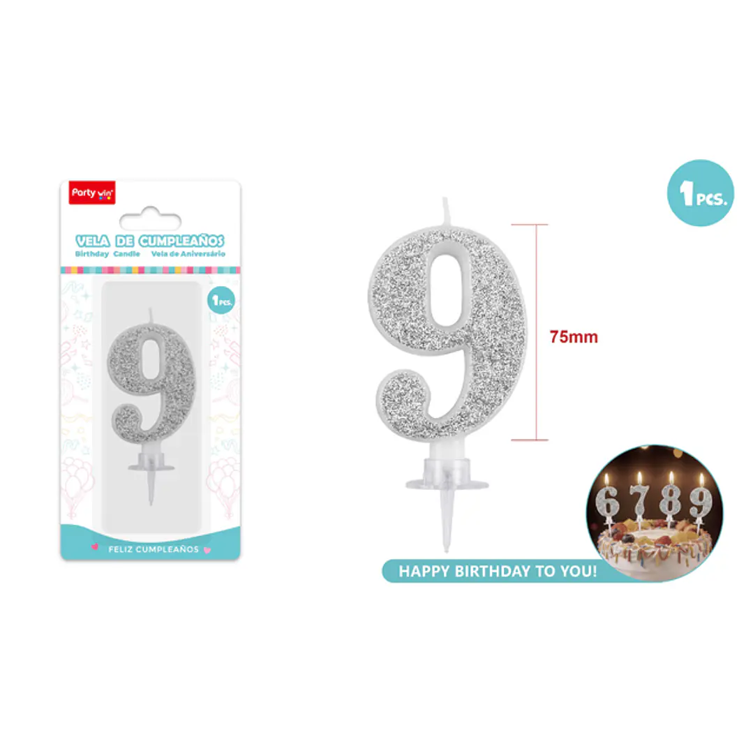 Vela Numero 9 Plateado Glitter 7.5Cm 1