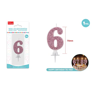 Vela Numero 6 Fucsia Glitter 7.5Cm
