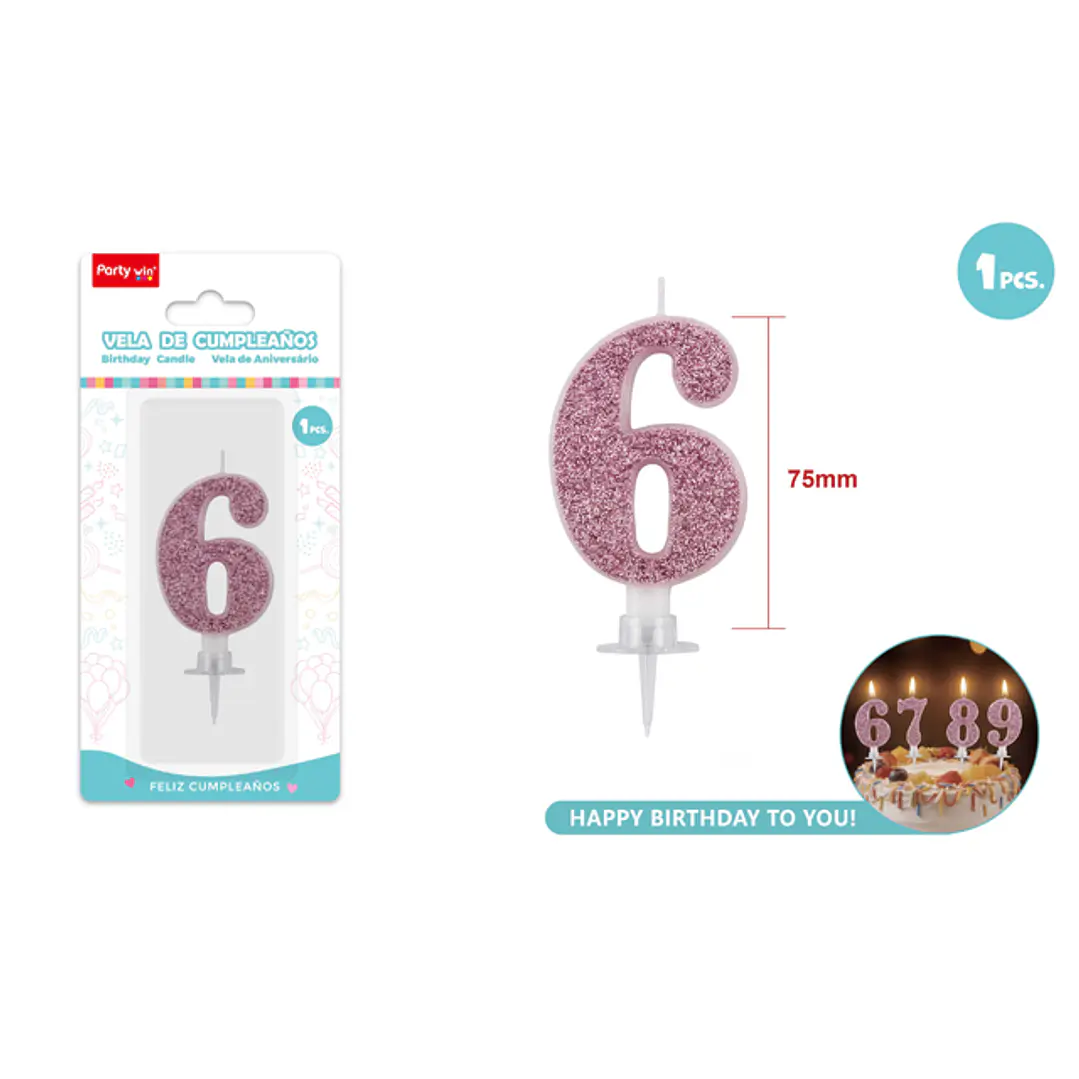 Vela Numero 6 Fucsia Glitter 7.5Cm 1