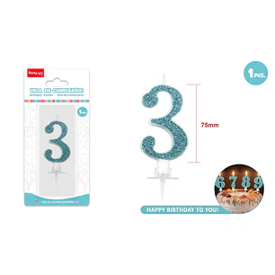 Vela Numero 3 Azul Glitter 7.5Cm