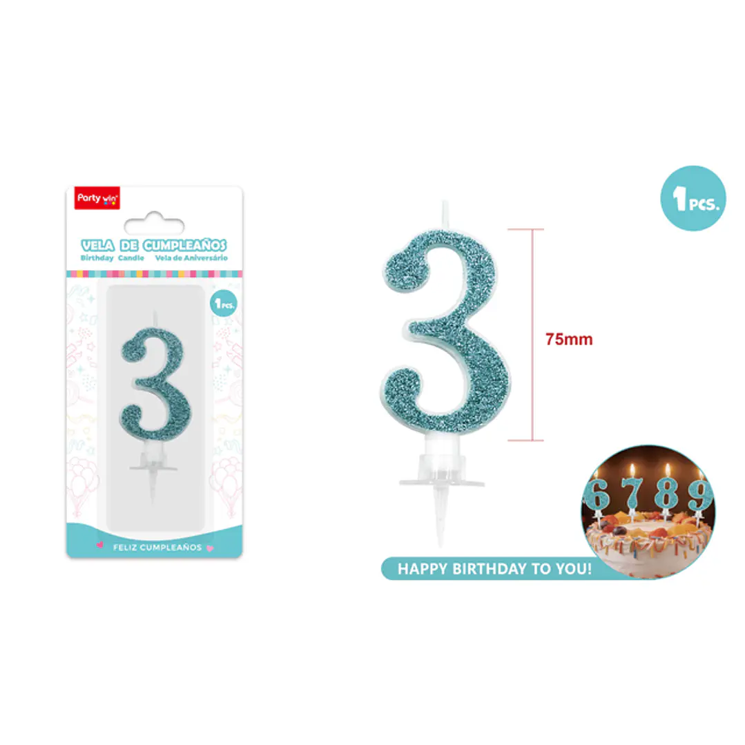 Vela Numero 3 Azul Glitter 7.5Cm 1