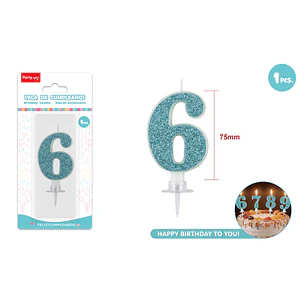 Vela Numero 6 Azul Glitter 7.5Cm