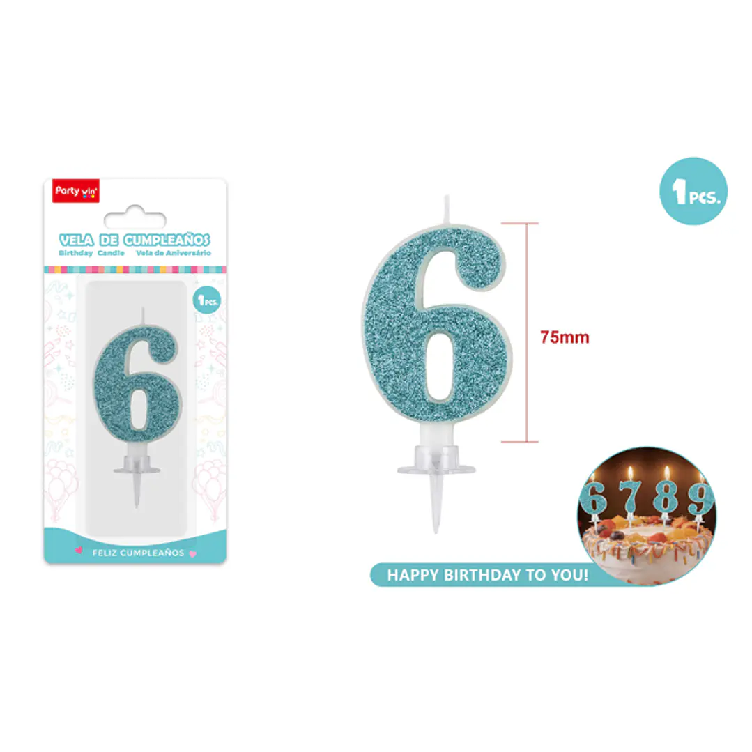 Vela Numero 6 Azul Glitter 7.5Cm 1