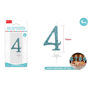 Vela Numero 4 Azul Glitter 7.5Cm