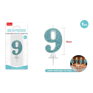 Vela Numero 9 Azul Glitter 7.5Cm