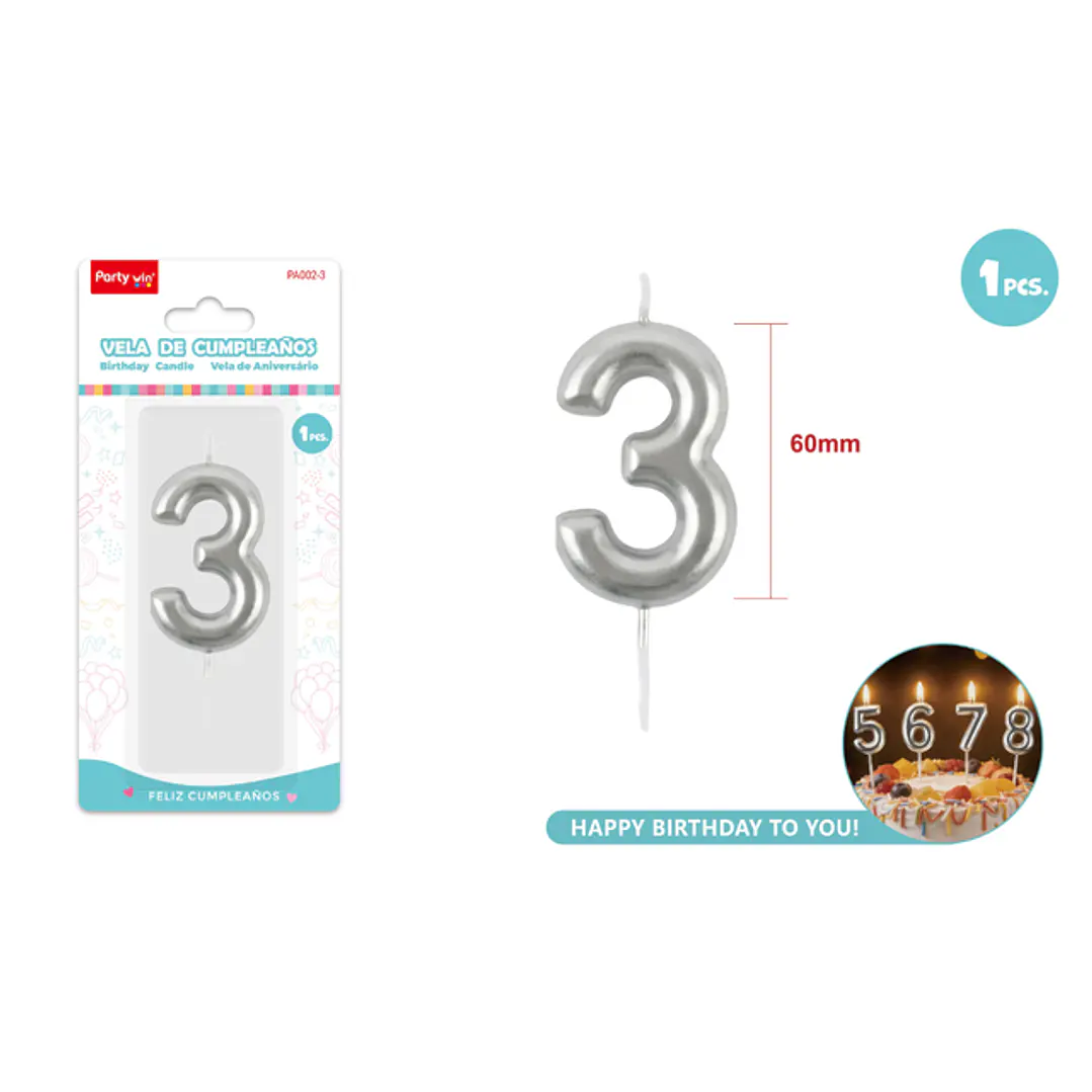 Vela De Numero Plateado 3 6Cm 1
