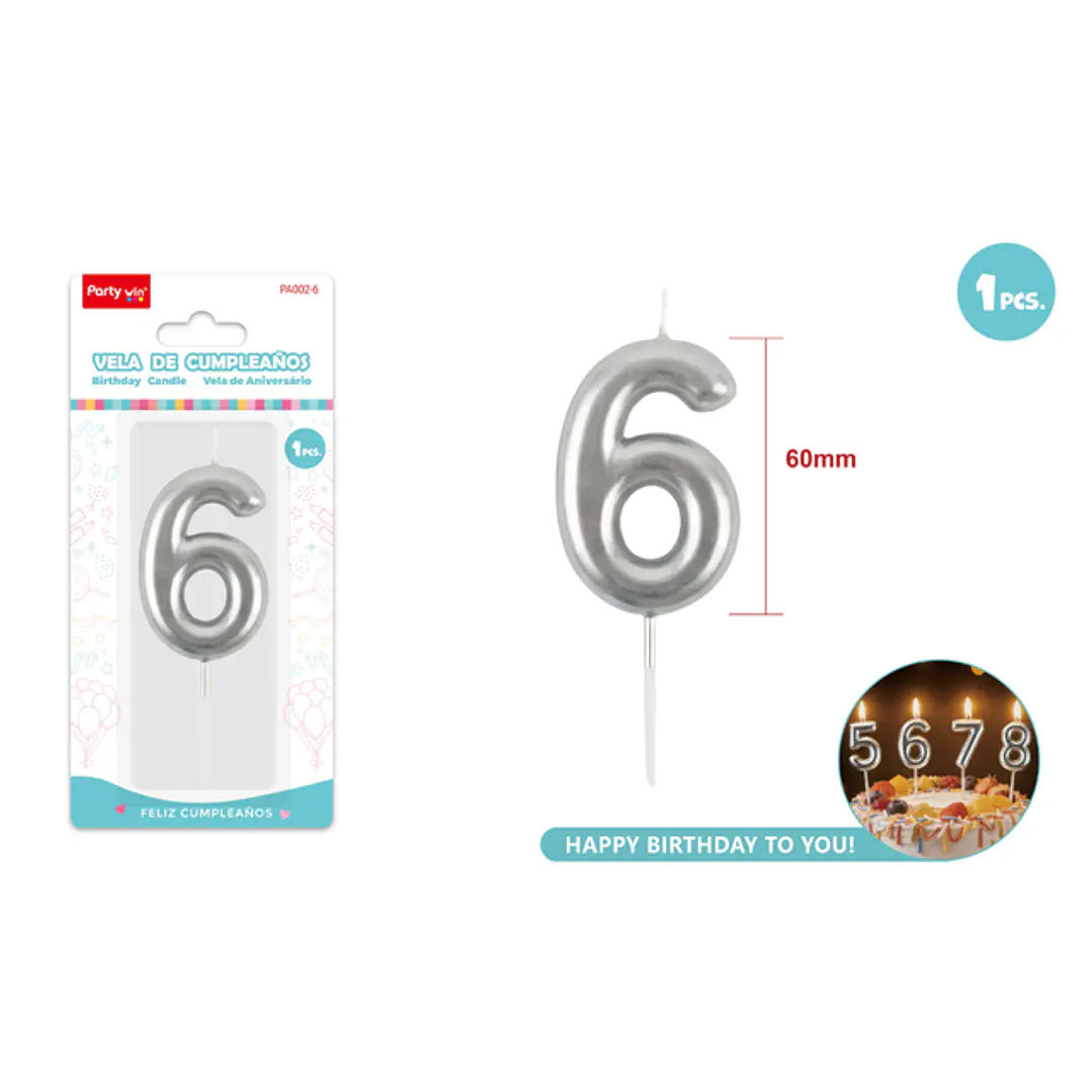 Vela De Numero Plateado 6 6Cm 1