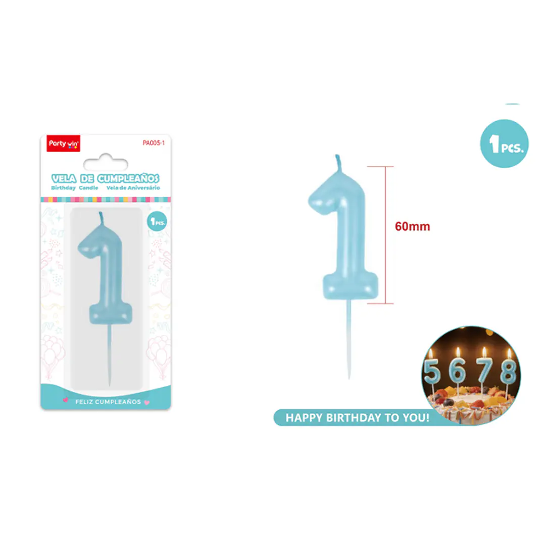Vela De Numero Perlado Celeste 1 6Cm 1