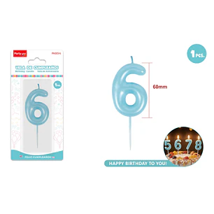 Vela De Numero Perlado Celeste 6 6Cm
