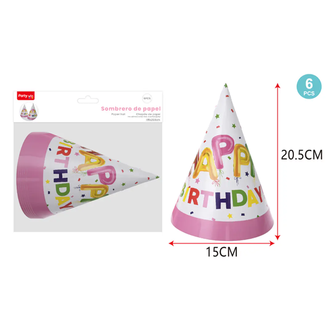 Sombreros De Papel F.Cumple Rosado 6 Unidades 1