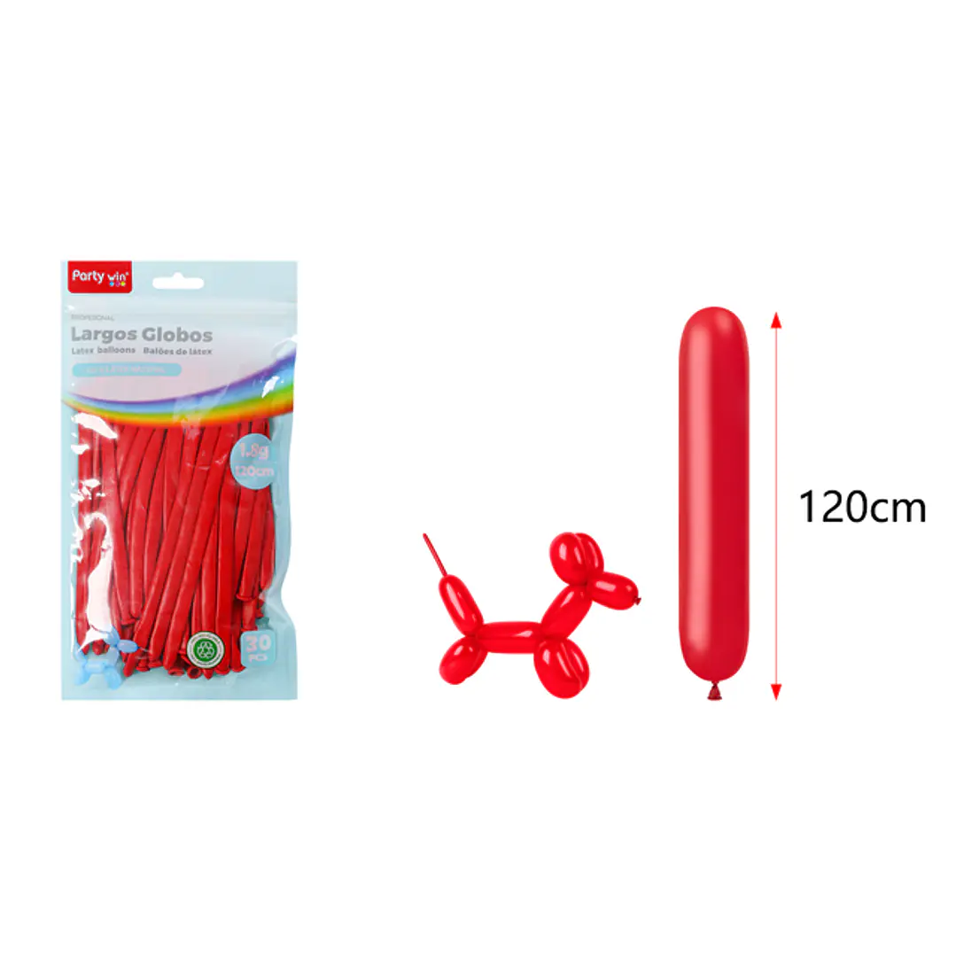 Globos Largo Mate Rojo 120Cm 1.8G 30 Unidades 1