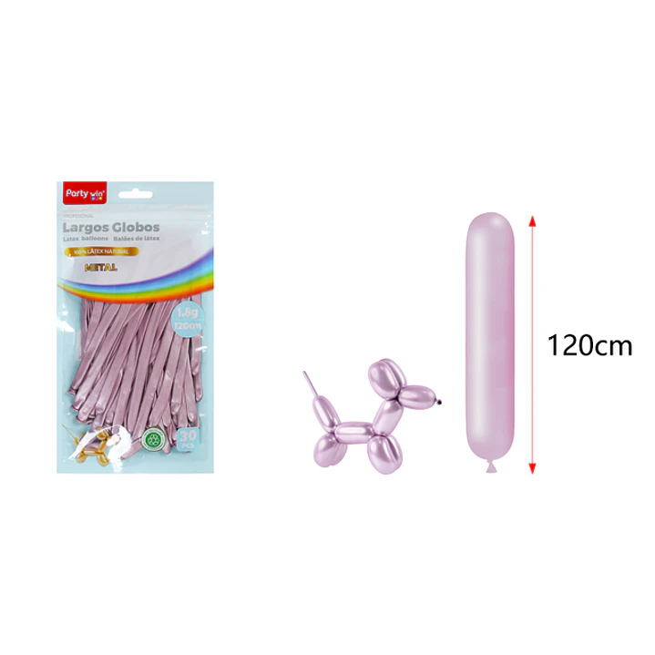 Globos Largo Metal Rosado 120Cm 1.8G 30 Unidades 1