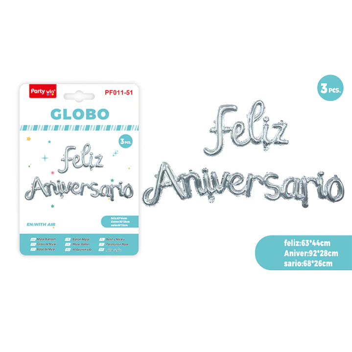 Globos Metal Feliz Aniversario Plateado 3 Unidades 1