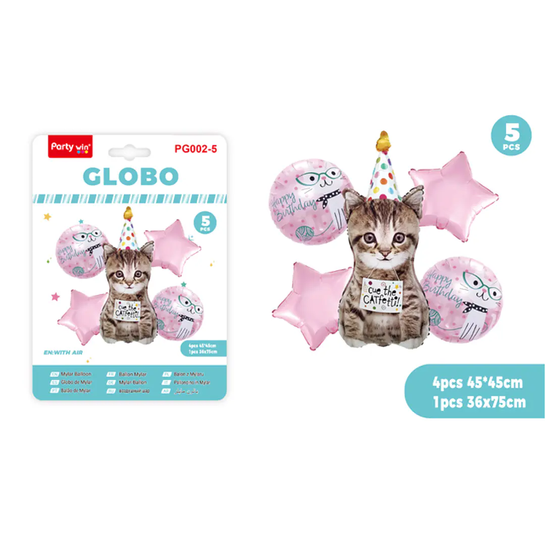 Globos Metal F.Cumple Gato 5 Unidades 1