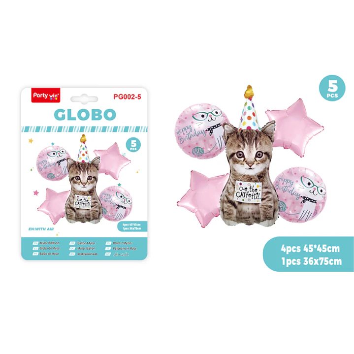 Globos Metal F.Cumple Gato 5 Unidades 1