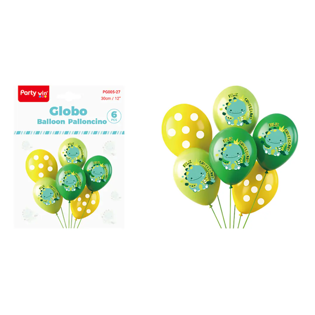 Globos Estampado F.Cumple Dinosaurio 30Cm 6 Unidades 1