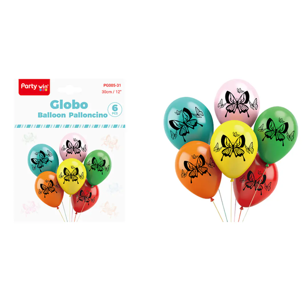 Globos Estampado Mariposa 30Cm 6 Unidades 1