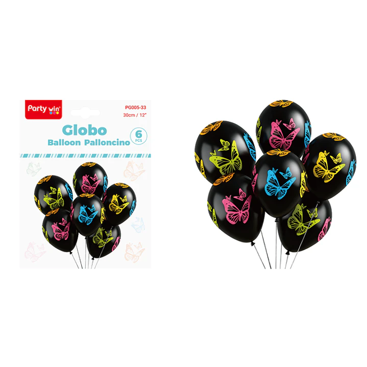 Globos Estampado Mariposa Negro 30Cm 6 Unidades 1