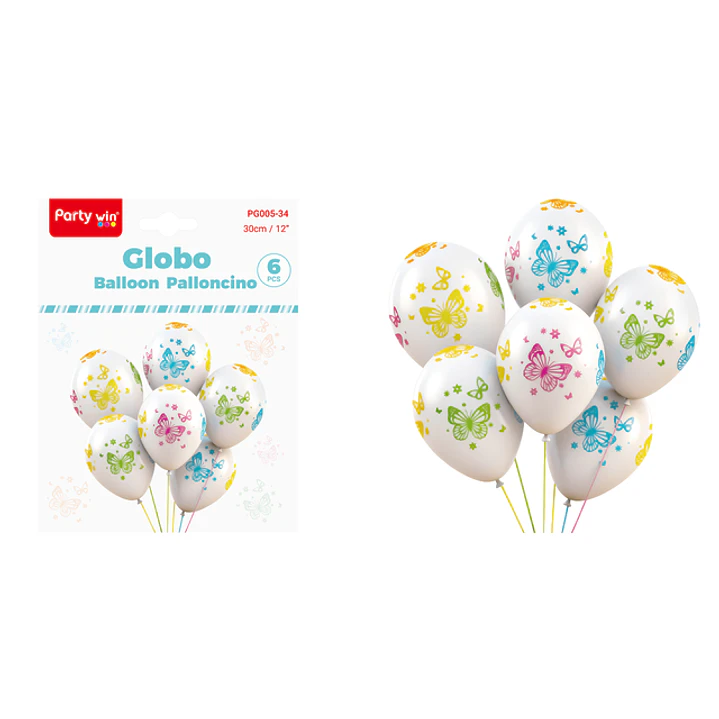 Globos Estampado Mariposa Blanco 30Cm 6 Unidades 1
