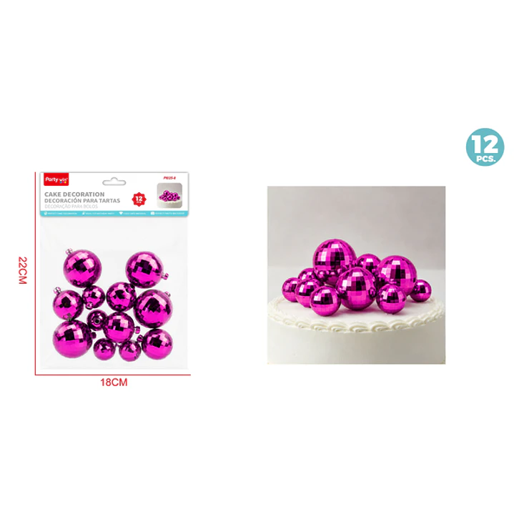 Decoracion Para Torta Bola Disco Fucsia 12 Unidades 1