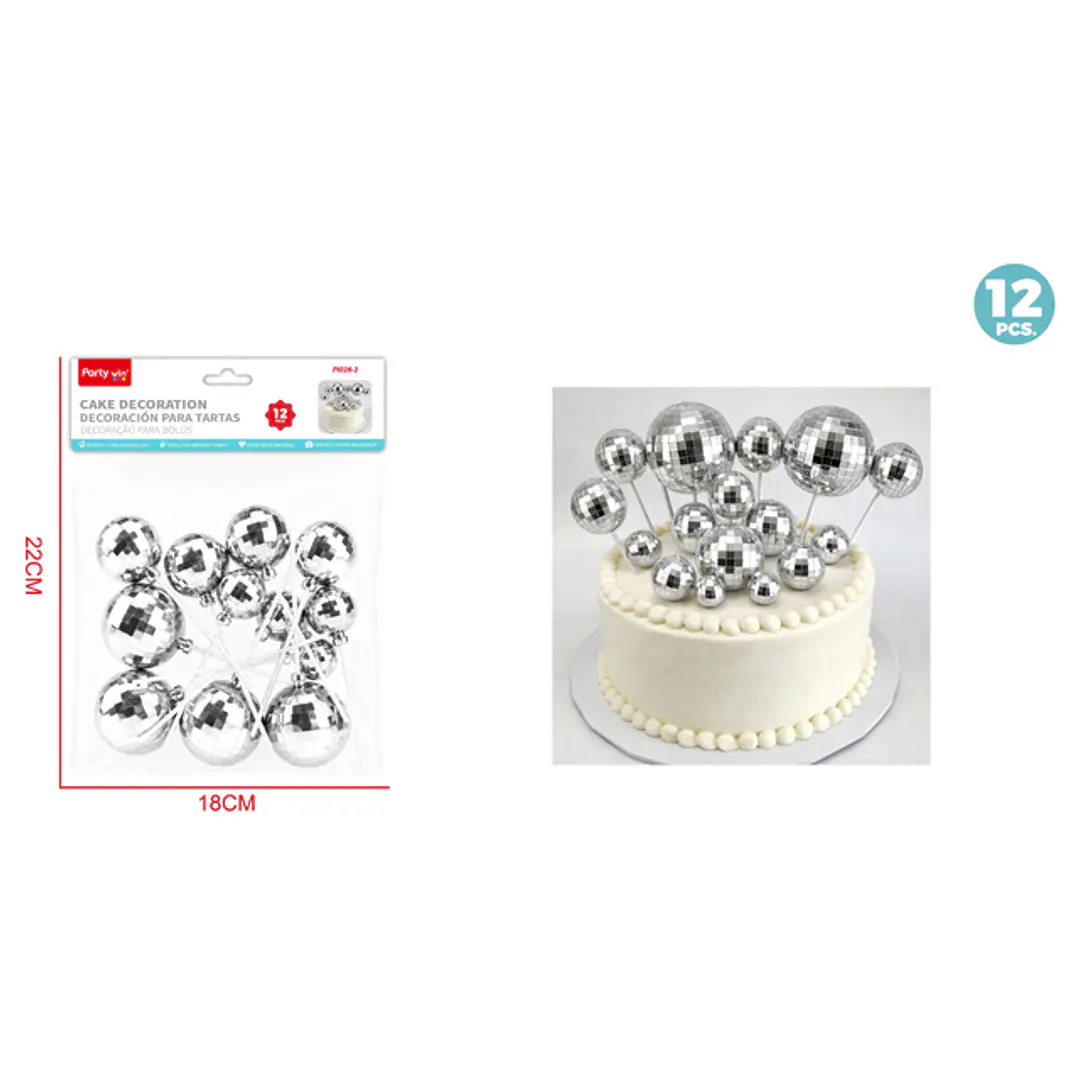 Decoracion Para Torta Bola Disco Plateado 12 Unidades 1