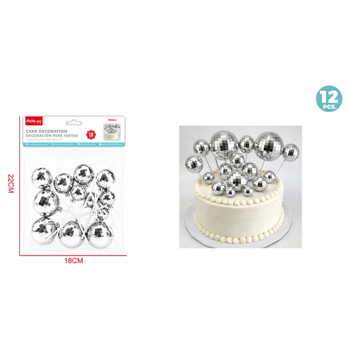 Decoracion Para Torta Bola Disco Plateado 12 Unidades 1