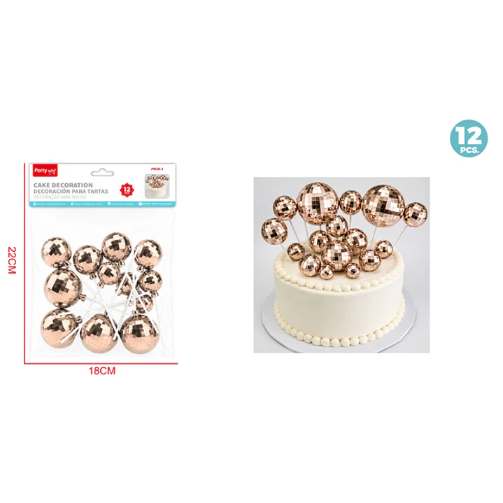 Decoracion Para Torta Bola Disco Rosadorado 12 Unidades 1
