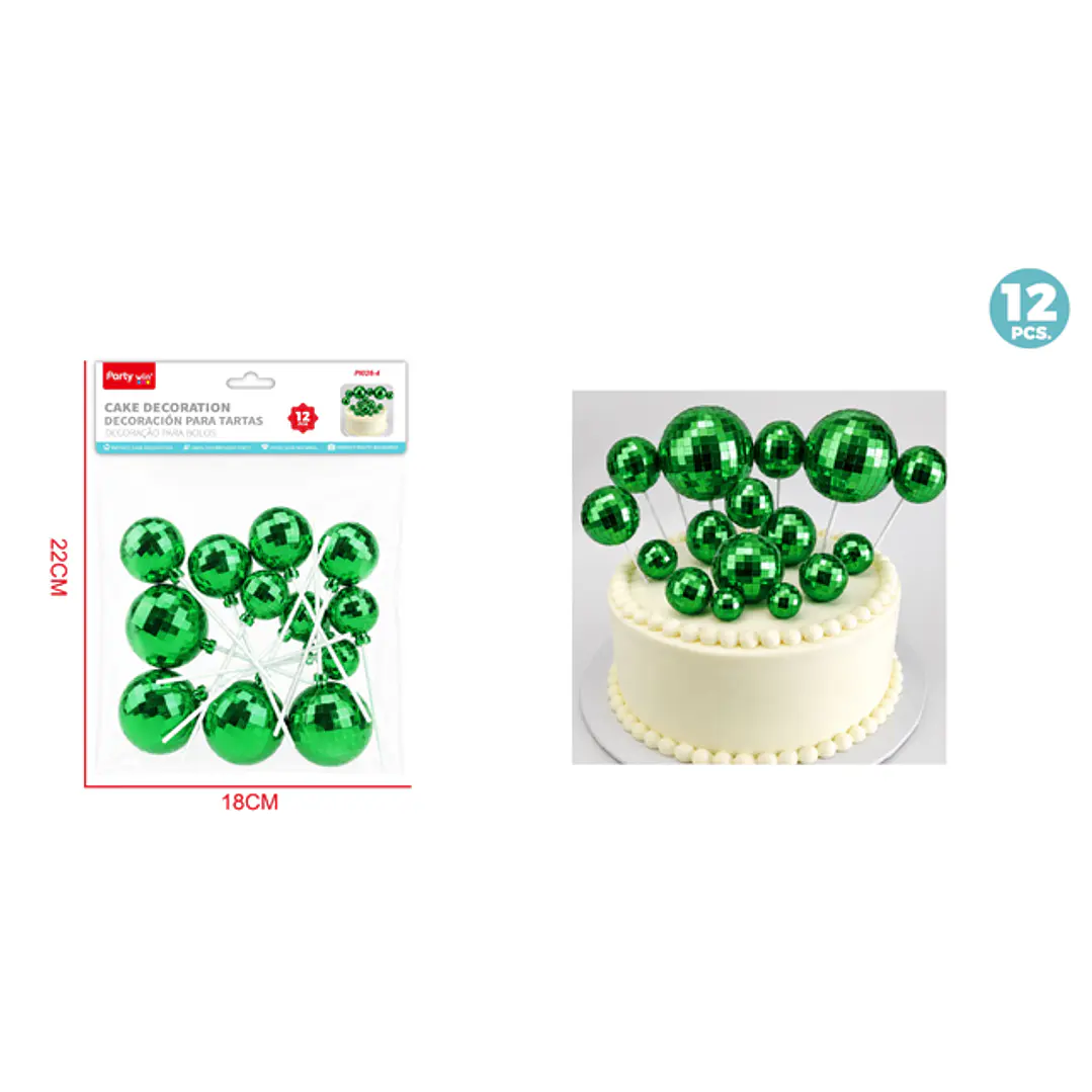 Decoracion Para Torta Bola Disco Verde 12 Unidades 1