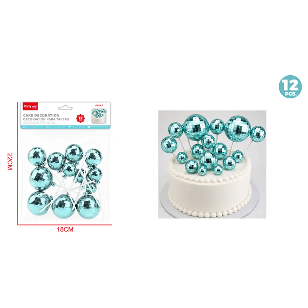 Decoracion Para Torta Bola Disco Azul 12 Unidades 1