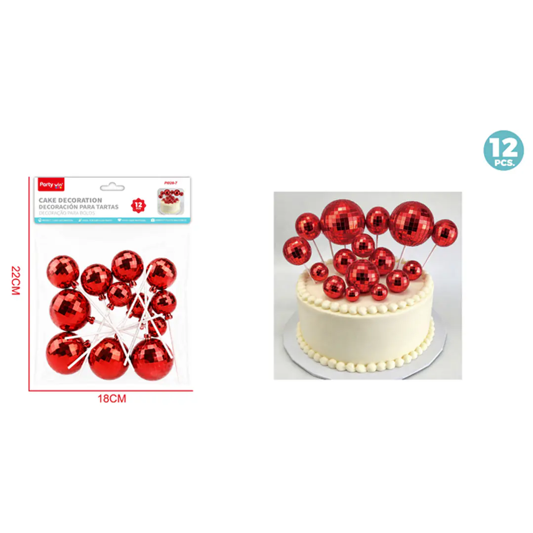 Decoracion Para Torta Bola Disco Rojo 12 Unidades 1