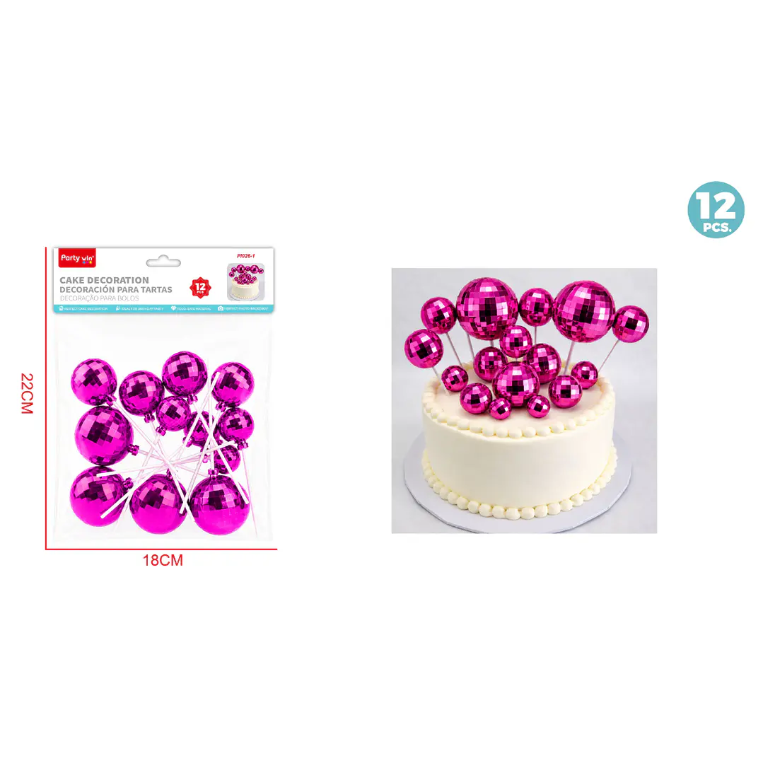 Decoracion Para Torta Bola Disco Fucsia 12 Unidades 1