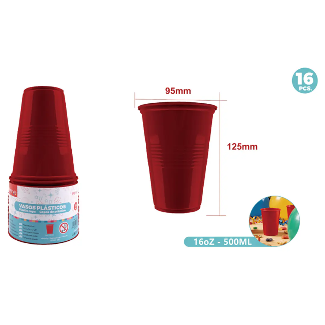 Vasos Plastico Rojo 500Ml 16 Unidades 1