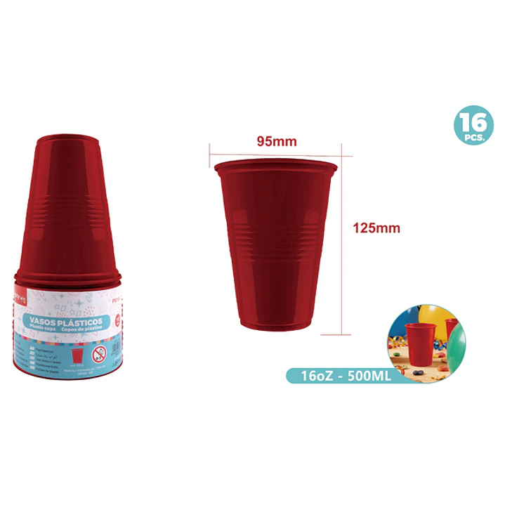 Vasos Plastico Rojo 500Ml 16 Unidades 1