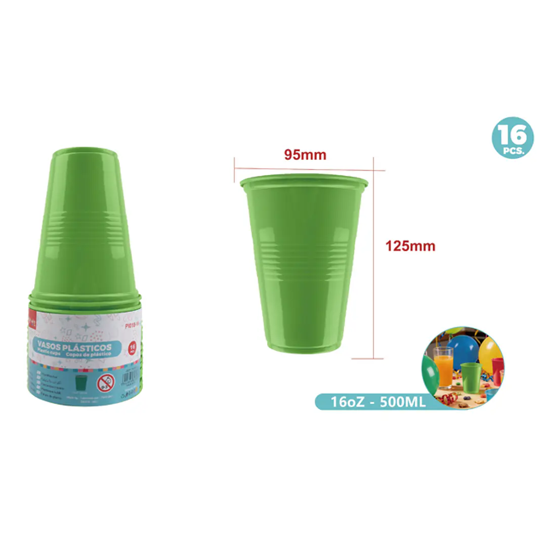 Vasos Plastico Verde 500Ml 16 Unidades 1