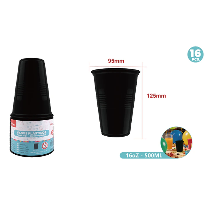 Vasos Plastico Negro 500Ml 16 Unidades 1