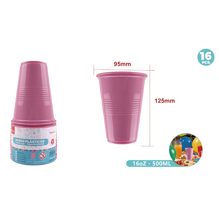 Vasos Plastico Rosado 500Ml 16 Unidades 1