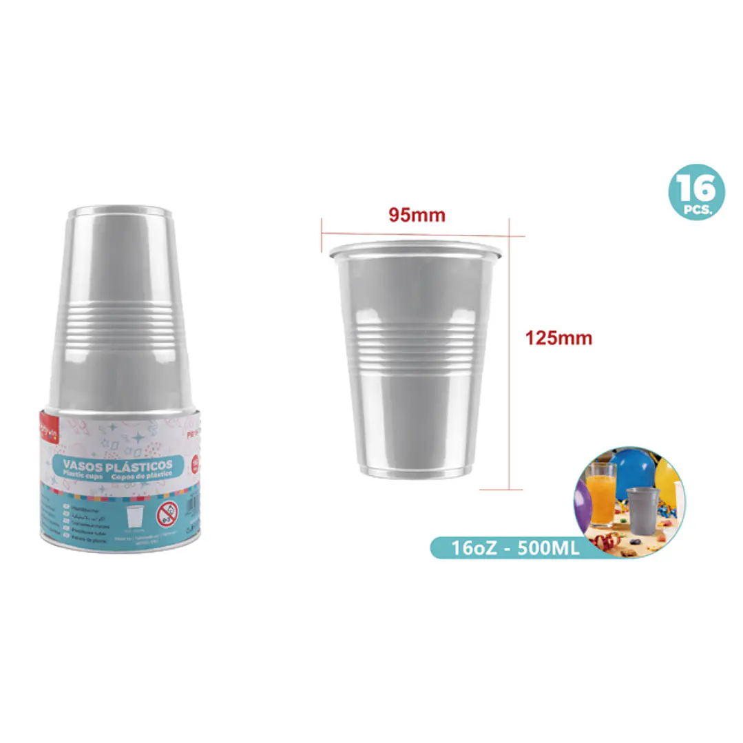 Vasos Plastico Plateado 500Ml 16 Unidades 1